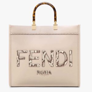 Fendi FF Women Sunshine Medium Beige Leather Elaphe Shopper