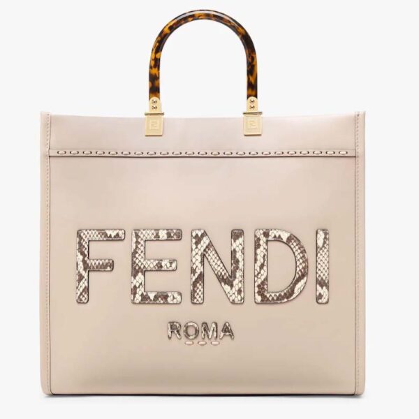 Fendi FF Women Sunshine Medium Beige Leather Elaphe Shopper (8)