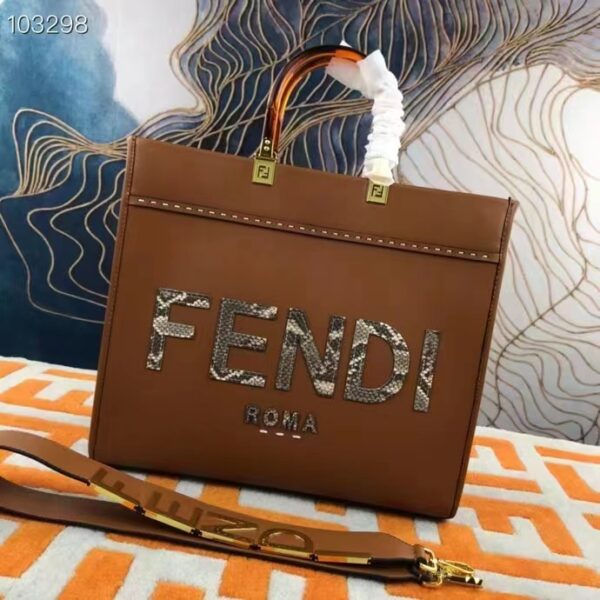 Fendi FF Women Sunshine Medium Light Brown Leather Elaphe Shopper Bag (4)