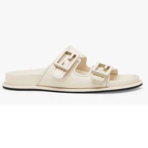 Fendi Women FF Fendi Feel White Leather Slides 0.5 Cm Heel