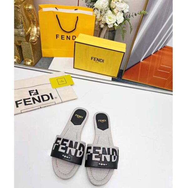 Fendi Women FF Signature Canvas Black Leather Slides 1 Cm Heel (1)