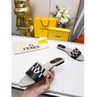 Fendi Women FF Signature Canvas Black Leather Slides 1 Cm Heel (5)