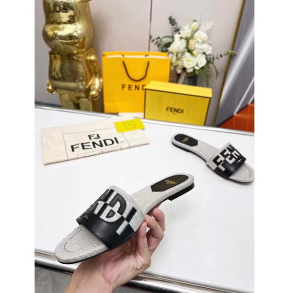 Fendi Women FF Signature Canvas Black Leather Slides 1 Cm Heel (6)