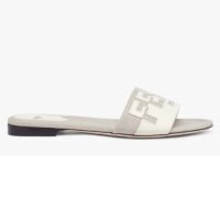 Fendi Women FF Signature Canvas White Leather Slides 1 Cm Heel (4)