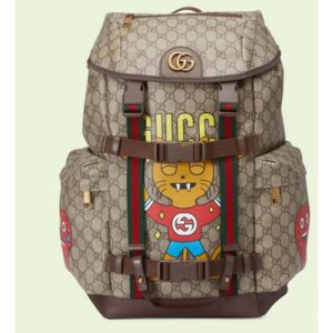 Gucci Unisex Cat Print Skateboard Backpack Beige Ebony GG Supreme Canvas