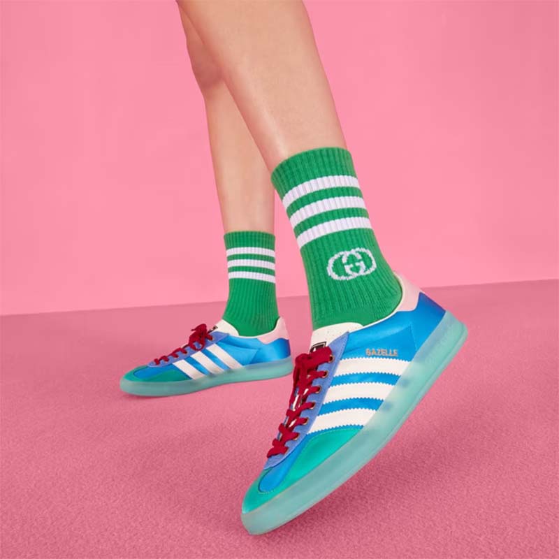 Gucci Unisex GG Adidas x Gucci Gazelle Sneaker Light Blue Silk Duchesse Demetra