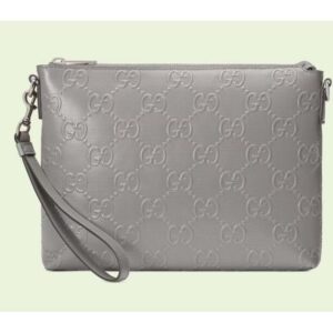 Gucci Unisex GG Embossed Medium Messenger Bag Grey Leather