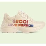 Gucci Unisex GG Rhyton Love Parade Sneaker Ivory Leather Rubber Sole Low Heel