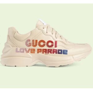 Gucci Unisex GG Rhyton Love Parade Sneaker Ivory Leather Rubber Sole Low Heel