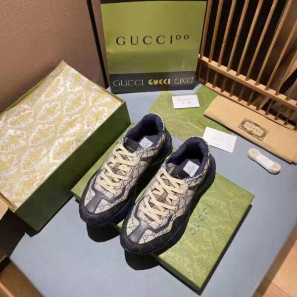Gucci Unisex GG Rhyton Sneaker Beige Blue GG Supreme Canvas 5 Cm Heel (8)
