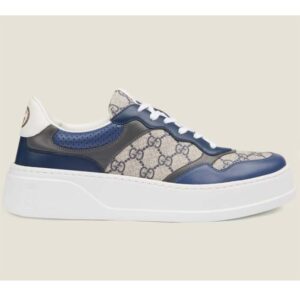 Gucci Unisex GG Sneaker White Beige Blue Supreme Canvas Grey Perforated Leather