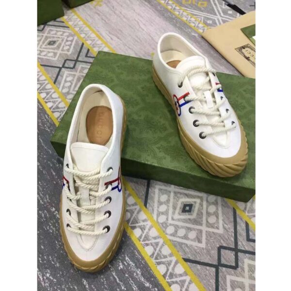 Gucci Unisex Interlocking G Sneaker Beige Cotton Rubber Sole Lace-Up Closure Flat (5)