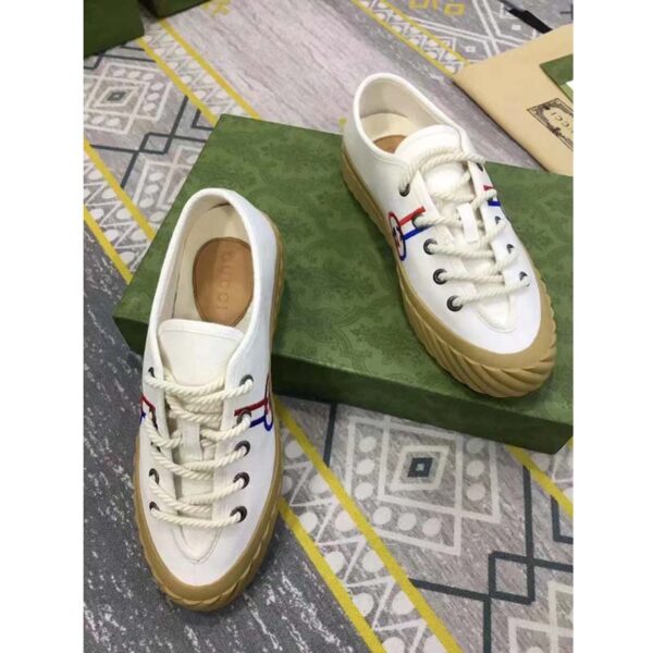 Gucci Unisex Interlocking G Sneaker Beige Cotton Rubber Sole Lace-Up Closure Flat (5)