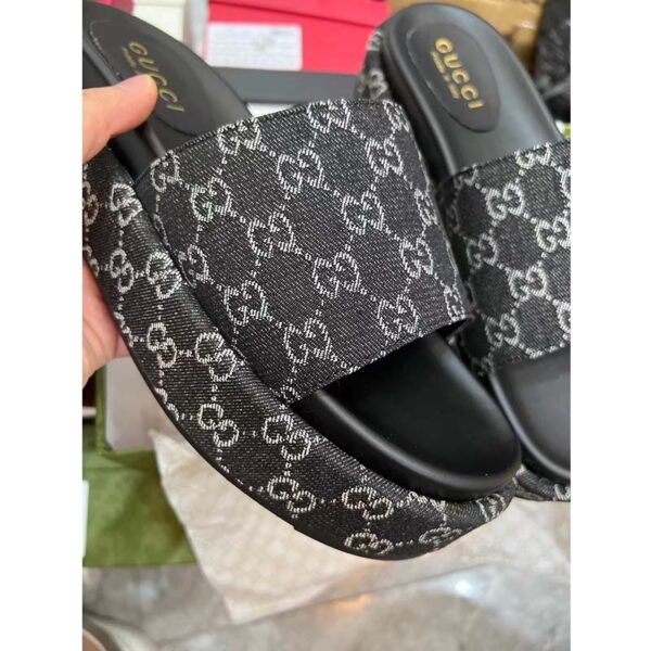 Gucci Unisex Platform Slide Sandal Black Ivory GG Denim Mid 6 Cm Heel (3)