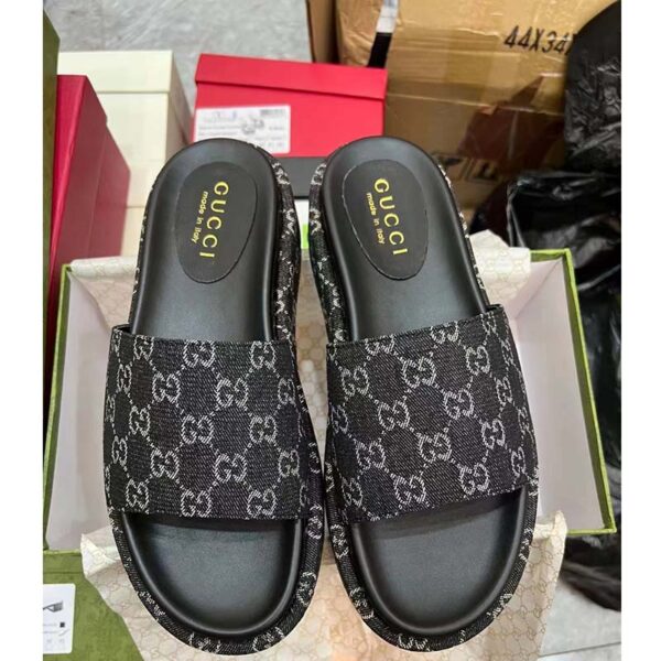 Gucci Unisex Platform Slide Sandal Black Ivory GG Denim Mid 6 Cm Heel (4)