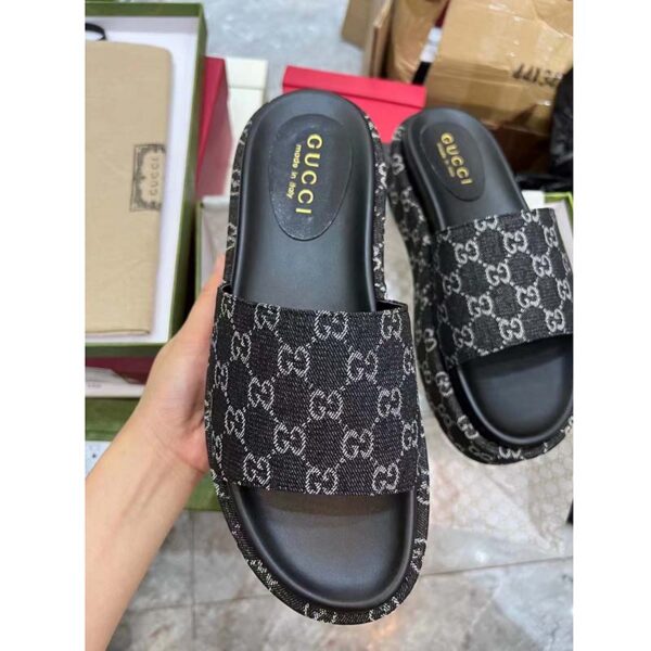 Gucci Unisex Platform Slide Sandal Black Ivory GG Denim Mid 6 Cm Heel (7)