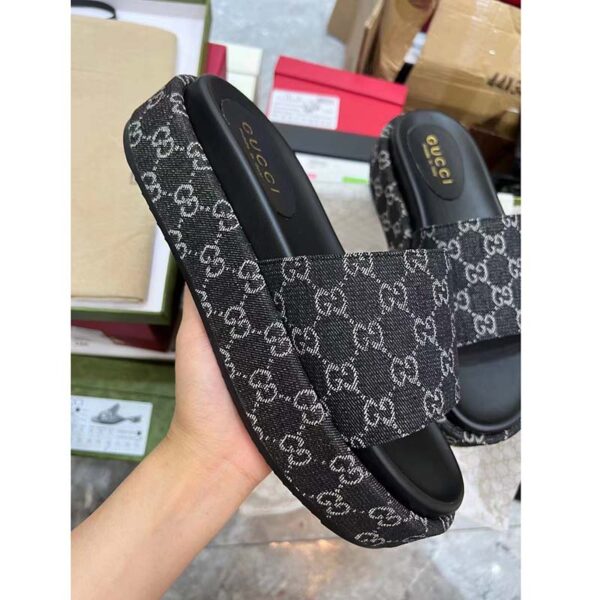 Gucci Unisex Platform Slide Sandal Black Ivory GG Denim Mid 6 Cm Heel (8)