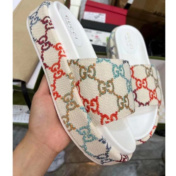 Gucci Unisex Platform Slide Sandal Multicolor GG Linen Fabric Mid 6 Cm Heel (2)