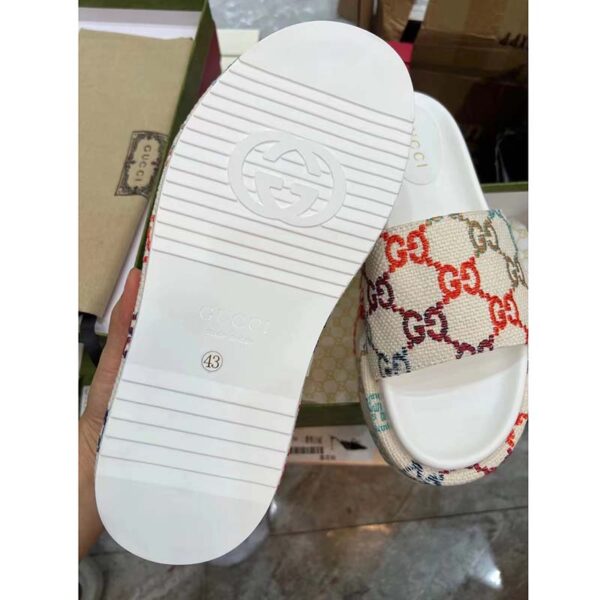 Gucci Unisex Platform Slide Sandal Multicolor GG Linen Fabric Mid 6 Cm Heel (4)