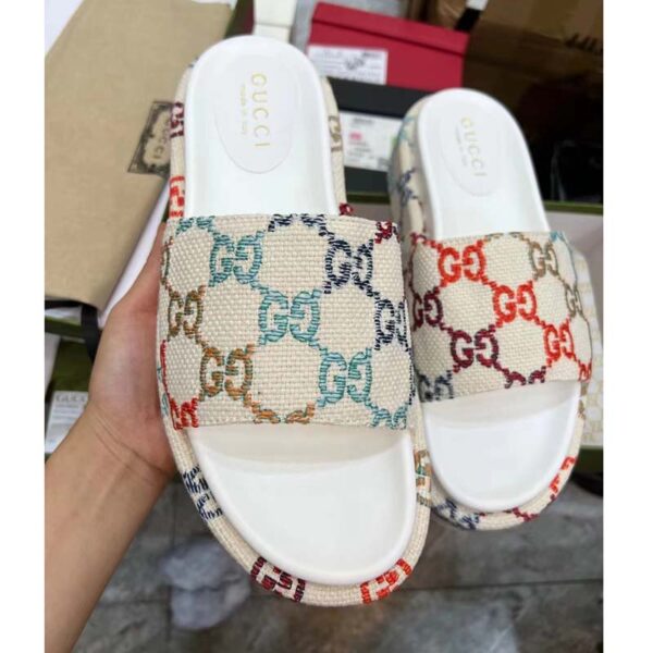 Gucci Unisex Platform Slide Sandal Multicolor GG Linen Fabric Mid 6 Cm Heel (5)