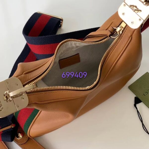 Gucci Women Attache Small Shoulder Bag Oatmeal Leather Orange Black Web (2)