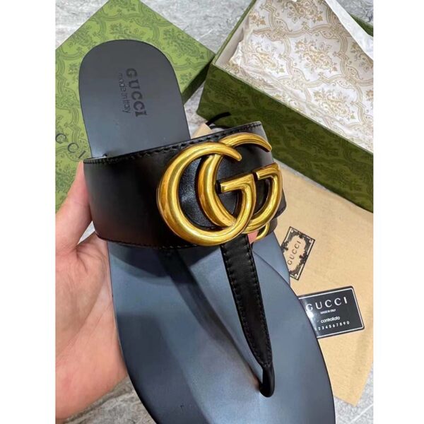 Gucci Women GG Leather Thong Sandal Double G Black Flat (1)