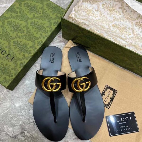Gucci Women GG Leather Thong Sandal Double G Black Flat (2)
