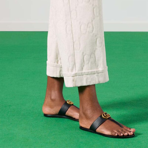 Gucci Women GG Leather Thong Sandal Double G Black Flat (8)