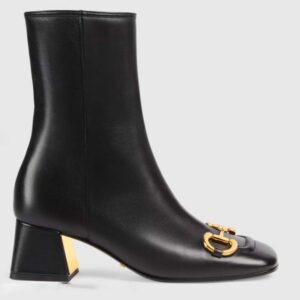 Gucci Women GG Mid-Heel Ankle Boot Horsebit Black Leather 6 Cm Heel