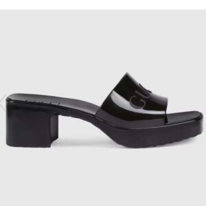 Gucci Women GG Rubber Slide Sandal Black Mid-Heel 6 Cm Heel