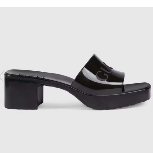Gucci Women GG Rubber Slide Sandal Black Mid-Heel 6 Cm Heel (1)