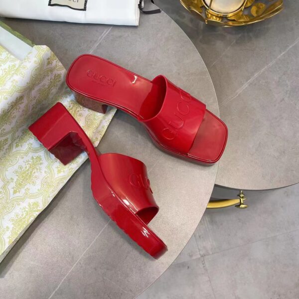 Gucci Women GG Rubber Slide Sandal Hibiscus Red Mid-Heel 6 Cm Heel (1)