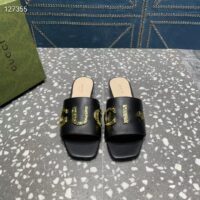 Gucci Women GG Slide Sandal Black Leather Textured Logo Star Flat 1 Cm Heel (2)