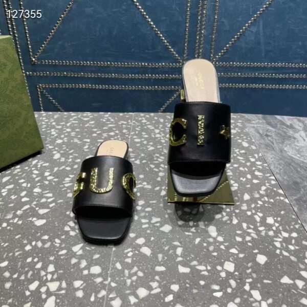 Gucci Women GG Slide Sandal Black Leather Textured Logo Star Flat 1 Cm Heel (10)