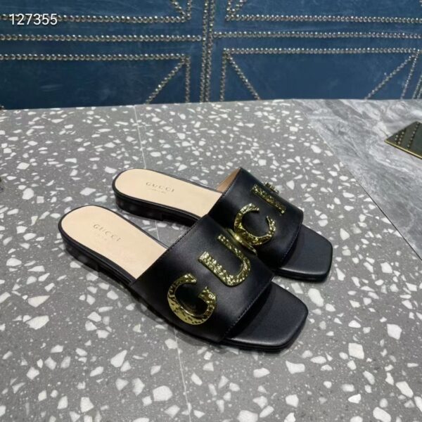Gucci Women GG Slide Sandal Black Leather Textured Logo Star Flat 1 Cm Heel (11)