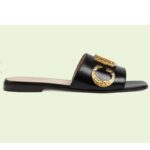 Gucci Women GG Slide Sandal Black Leather Textured Logo Star Flat 1 Cm Heel