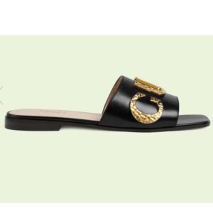 Gucci Women GG Slide Sandal Black Leather Textured Logo Star Flat 1 Cm Heel