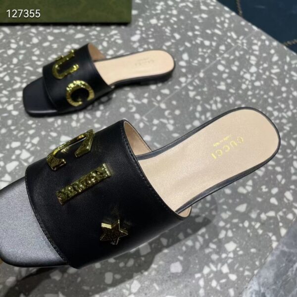 Gucci Women GG Slide Sandal Black Leather Textured Logo Star Flat 1 Cm Heel (3)