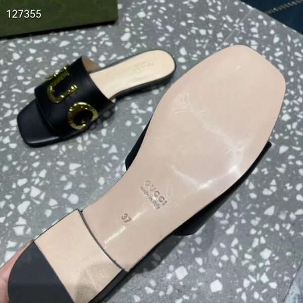 Gucci Women GG Slide Sandal Black Leather Textured Logo Star Flat 1 Cm Heel (4)