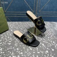 Gucci Women GG Slide Sandal Black Leather Textured Logo Star Flat 1 Cm Heel (2)