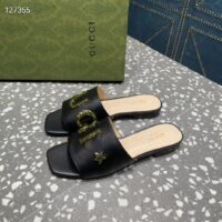 Gucci Women GG Slide Sandal Black Leather Textured Logo Star Flat 1 Cm Heel (2)