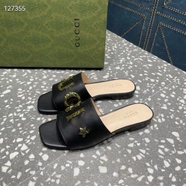 Gucci Women GG Slide Sandal Black Leather Textured Logo Star Flat 1 Cm Heel (6)