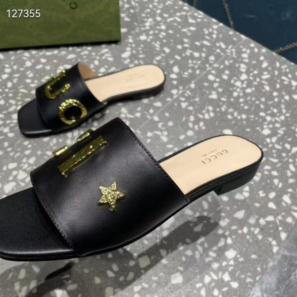 Gucci Women GG Slide Sandal Black Leather Textured Logo Star Flat 1 Cm Heel (7)