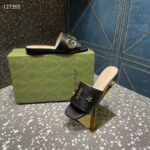 Gucci Women GG Slide Sandal Black Leather Textured Logo Star Flat 1 Cm Heel - Image 8