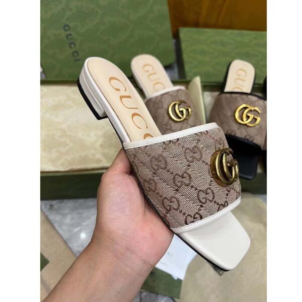 Gucci Women GG Slide Sandal Double G Beige Ebony Orignal GG Canvas (8)
