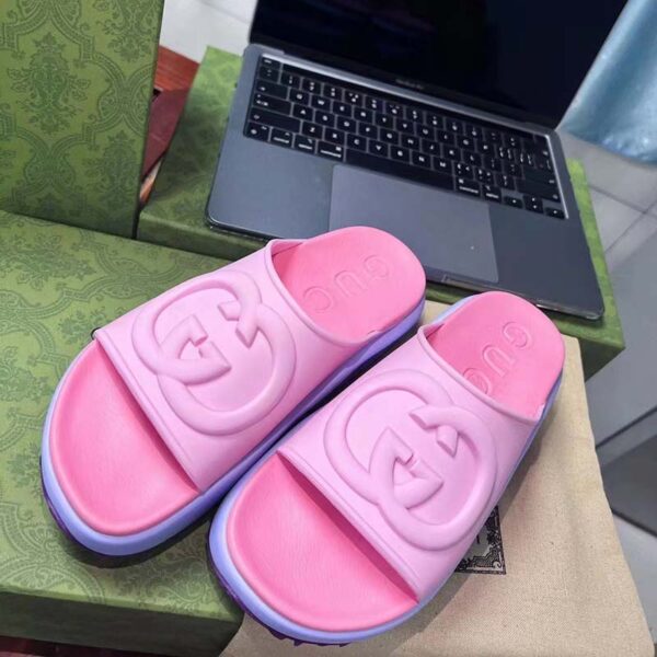 Gucci Women GG Slide Sandal Interlocking G Pink Purple Rubber Low Heel (1)