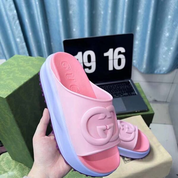 Gucci Women GG Slide Sandal Interlocking G Pink Purple Rubber Low Heel (2)