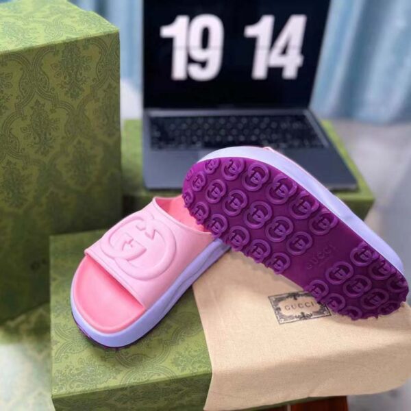 Gucci Women GG Slide Sandal Interlocking G Pink Purple Rubber Low Heel (4)