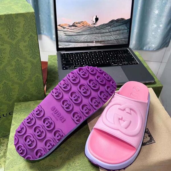 Gucci Women GG Slide Sandal Interlocking G Pink Purple Rubber Low Heel (7)