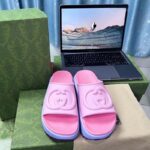 Gucci Women GG Slide Sandal Interlocking G Pink Purple Rubber Low Heel - Image 4